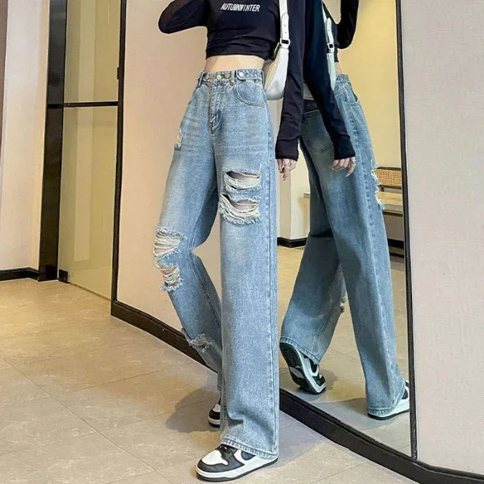 Broken Jeans Female 2024 New Loose High Waist Thin Narrow Version Of Straight Wide-Leg Pants Spring and Fall Jeans