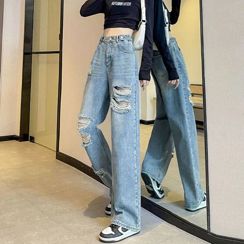 Broken Jeans Female 2024 New Loose High Waist Thin Narrow Version Of Straight Wide-Leg Pants Spring and Fall Jeans