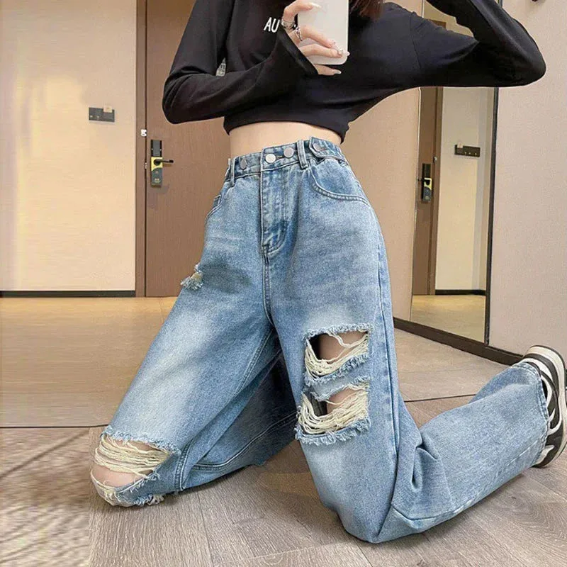Broken Jeans Female 2024 New Loose High Waist Thin Narrow Version Of Straight Wide-Leg Pants Spring and Fall Jeans