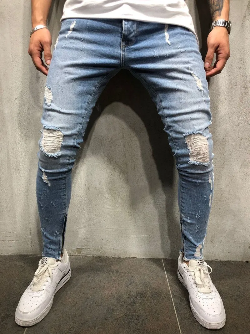 Light Blue Ripped Skinny Side Stripe & Ankle Zipper Jeans