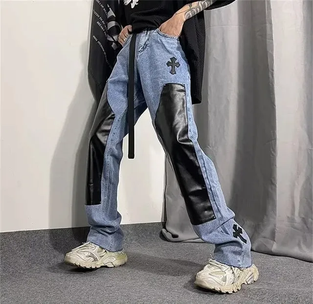 Vintage Y2K Aesthetic Leather Patchwork High Street Fashion Relax Fit Denim Jeans For Mens